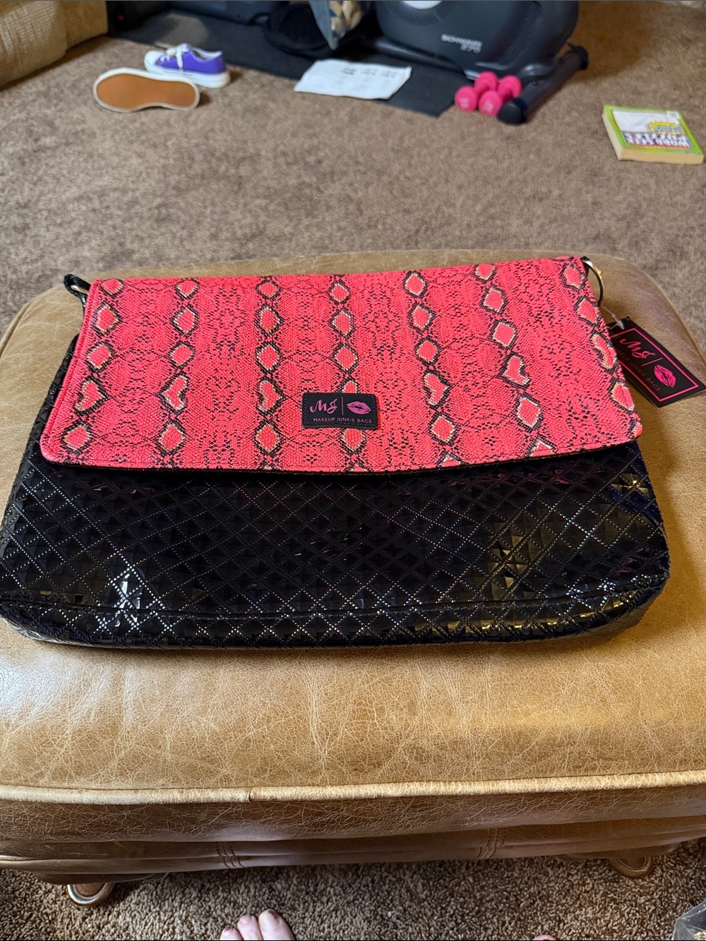 Handbag - Pink Snake Print Flap with Black Quilted Body